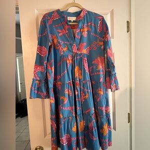 Blue with bright pink, orange jungle print dress, L